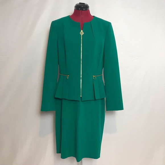 Tahari ASL Skirt Suit Women Size 10 Green 2-Piece Set Blazer & Skirt Gold Accent - Picture 1 of 15